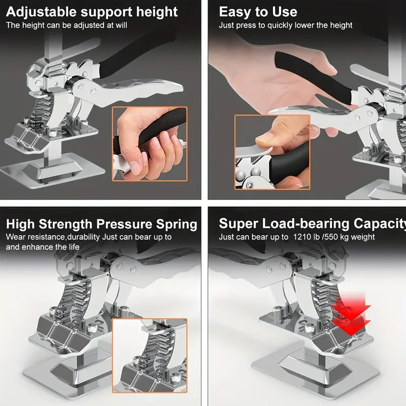 Lever-operated jack handle, construction jack, wall tile positioning tool, multi-purpose height-adjustable lifting device, door panel lifting cabinet, lifting height: 6.69 inches, dynamic load capacity: 450 lbs per pair